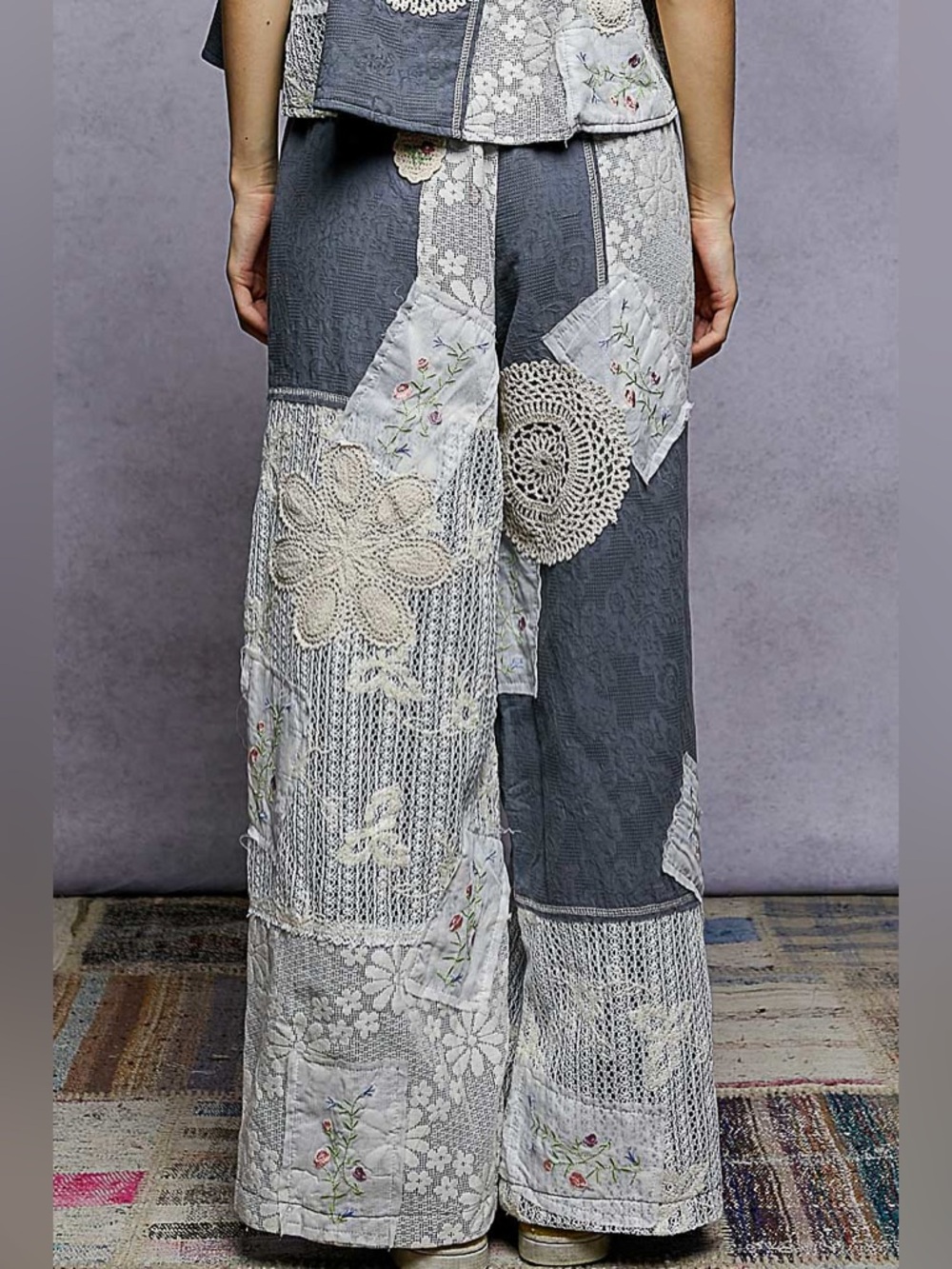 POL Blue Patchwork Cropped Jumpsuit Set with Lace Appliqué - Picture 11 of 11
